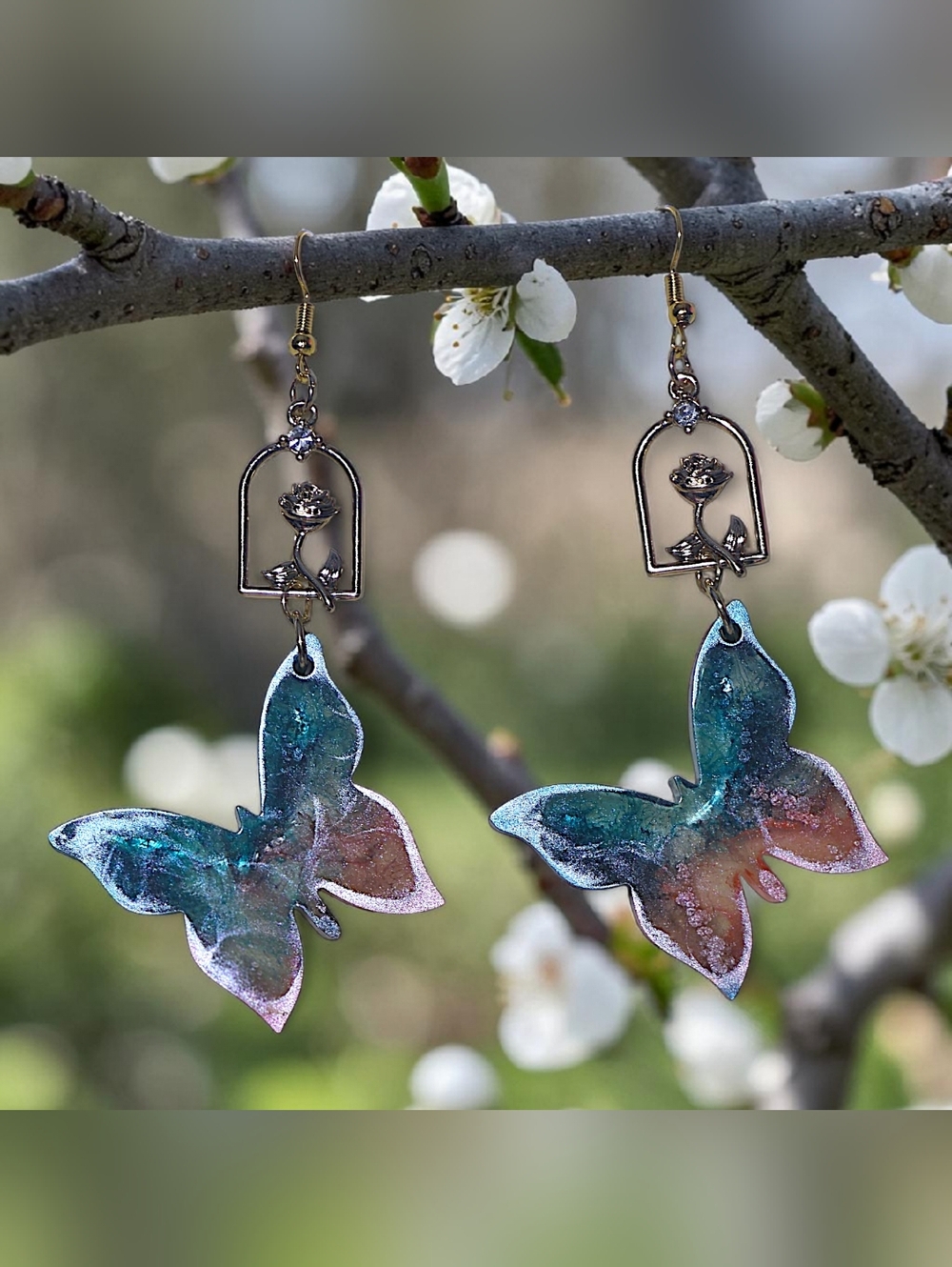 Iridescent Butterfly & Enchanted Rose Drop Earrings